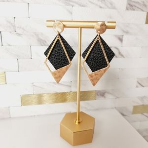 Goldtone Faux Leather Black Diamond Shape Earrings